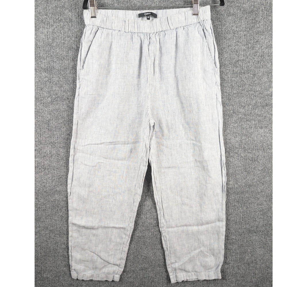 Quince Women M Blue Pinstripe 100% European Linen Pants Coastal Preppy Beachy